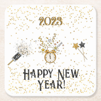 New Years Clock, Streamers, Stars, Ribbons Square Paper Coaster