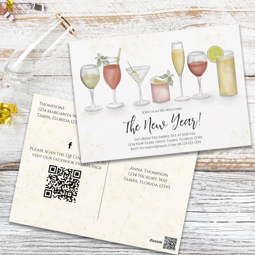 New Years Cocktail Drinks QR Code Pre Addressed Postcard