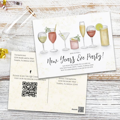New Years Cocktail Drinks QR Code Pre Addressed Postcard
