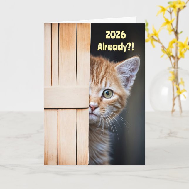 New Years Cute Funny 2026 Ginger Orange Kitten  Card (Yellow Flower)