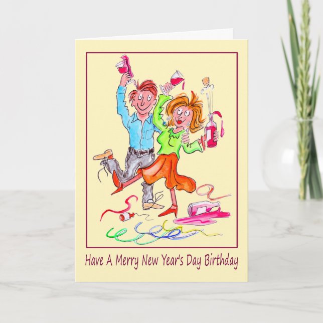 New Year's Day Birthday Cartoon of Couple Partying Holiday Card (Front)