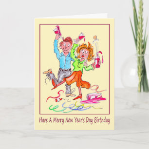 New Year's Day Birthday Cartoon of Couple Partying Holiday Card