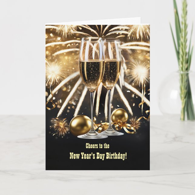 New Years Day Birthday Champagne and Fireworks  Card (Front)