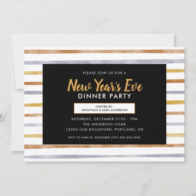 New Year's Dinner Party Watercolor Stripes Invitation (Front)