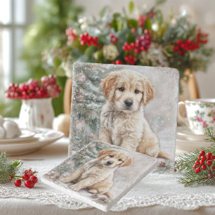 New Year's dog under the tree with snow Trivet