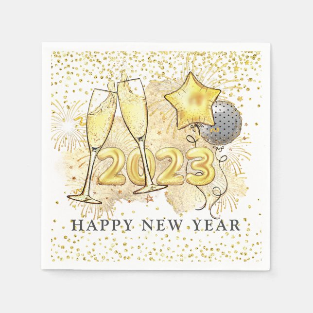 New Year's Eve 2023 Champagne Balloons Glitter  Napkins (Front)