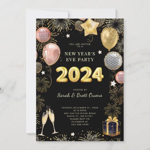 New Years Eve 2023 Gold Glitter On Black  Invitation