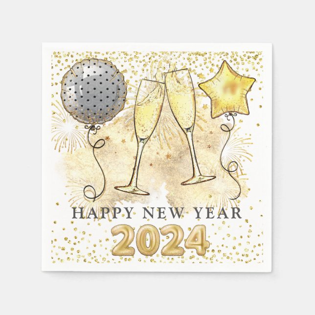 New Year's Eve 2024 Champagne Balloons Glitter  Napkins (Front)