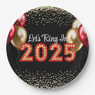 New Year's Eve 2025 Party Red & Gold Marquee Black Paper Plates