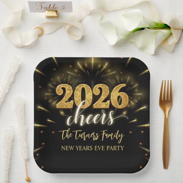 New Year's Eve 2026 Party Gold & Black Paper Plates (Wedding)