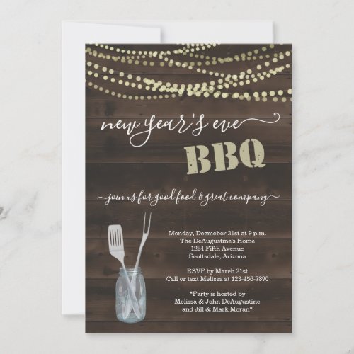 New Year's Eve BBQ Party Invitation - Rustic Wood - BBQ utensils and a mason jar depicting your wonderfully New Year's Eve BBQ celebration.