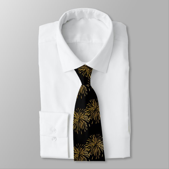 New Year's Eve Black Gold Fireworks Men's  Neck Tie (Tied)