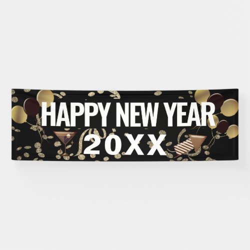 New Years Eve Black Gold Glitter Confetti Balloons Banner