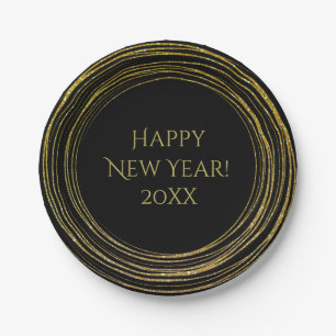 New Year's Eve Black Gold Glitter Happy New Year Paper Plates