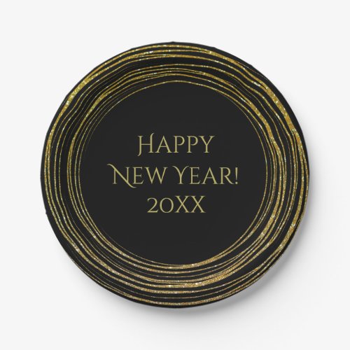 New Years Eve Black Gold Glitter Happy New Year Paper Plates