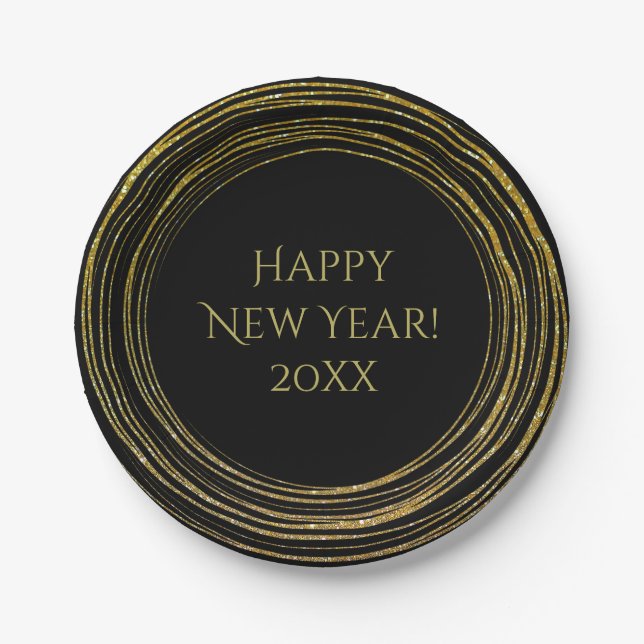 New Year's Eve Black Gold Glitter Happy New Year Paper Plates (Front)