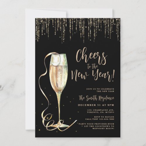 New Years Eve Black  Gold Party Invitation