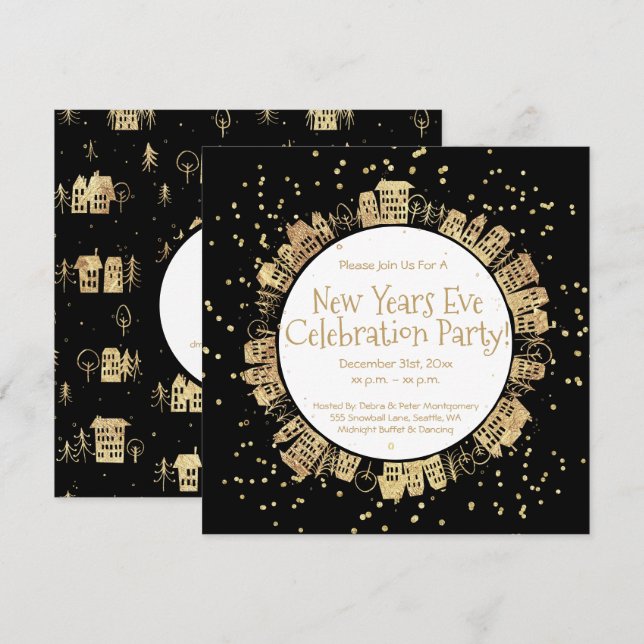 New Year's Eve, Black, White, Gold, Party Invitation (Front/Back)