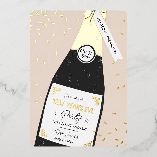 New Year's Eve Bubbly Party Gold Foil Invitation (Front)