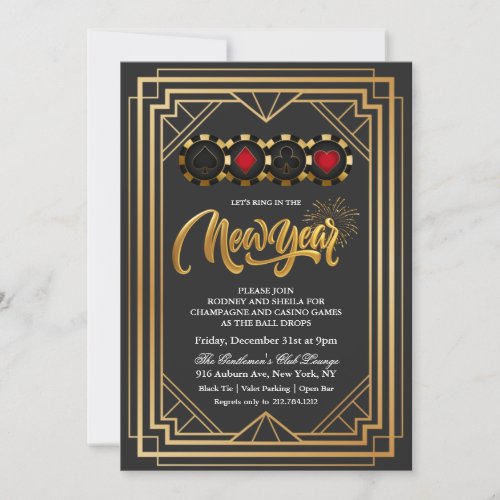 New Years Eve Casino Vegas Black and Gold Invitation