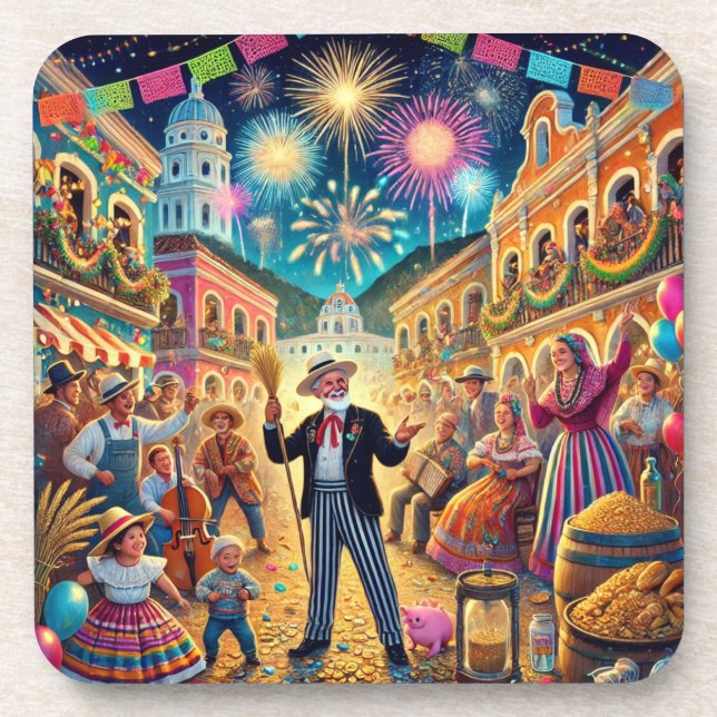 New Year's Eve Celebration El Año Viejo Beverage Coaster (Front)