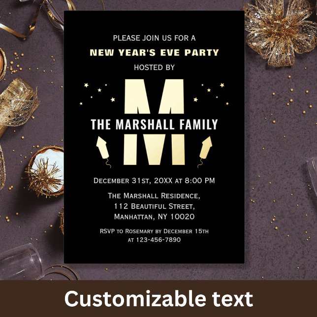 New Years Eve Celebration Party Family Monogram Foil Invitation (Creator Uploaded)