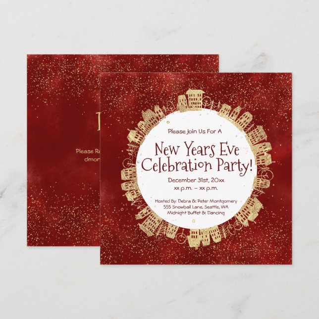 New Year's Eve, Celebration Party, Red, Gold,  Invitation (Front/Back)