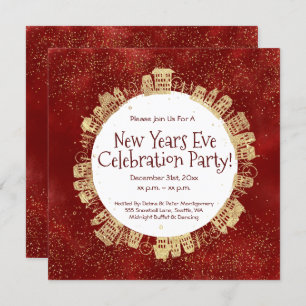 New Year's Eve, Celebration Party, Red, Gold, Invitation