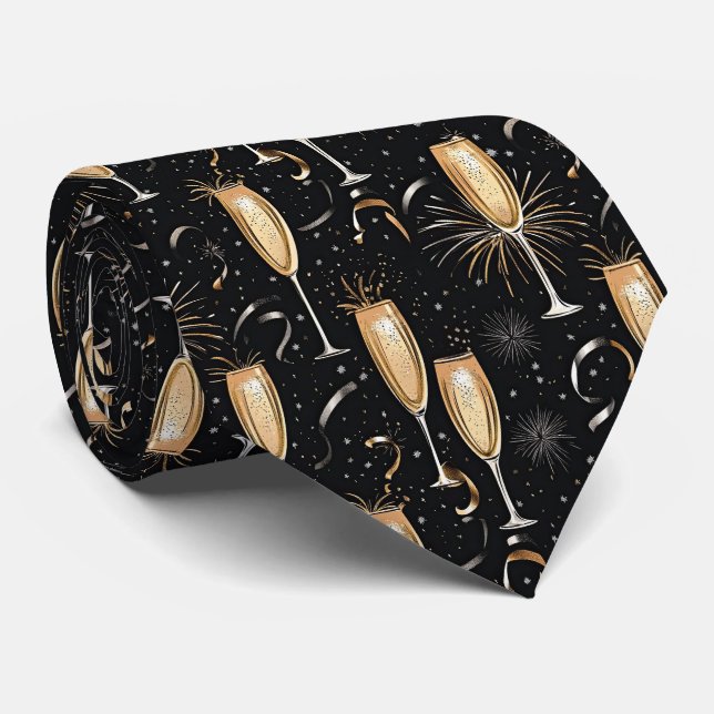 New Year's Eve Champagne Fireworks Black Gold Neck Tie (Rolled)