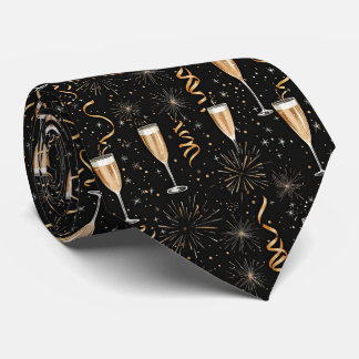 New Year's Eve Champagne Fireworks Black Gold Neck Tie