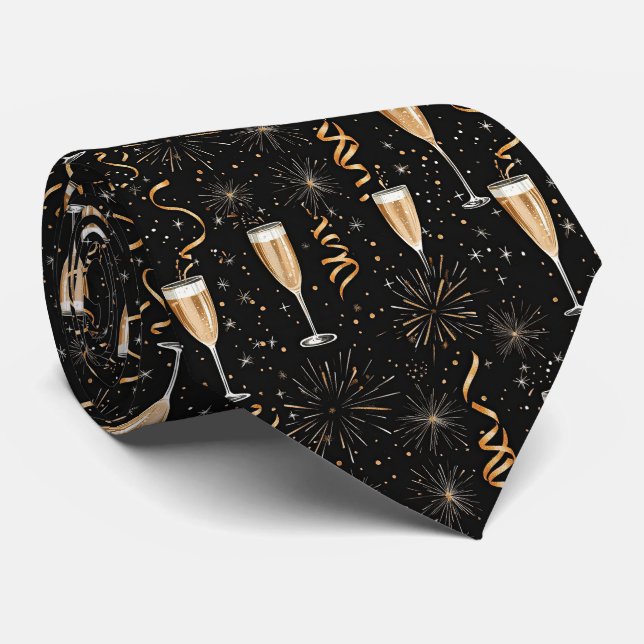 New Year's Eve Champagne Fireworks Black Gold Neck Tie (Rolled)