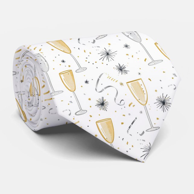 New Year's Eve Champagne Fireworks White Blac Gold Neck Tie (Rolled)