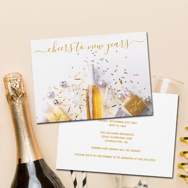 New Years Eve Chic Gold Champagne Streamers Party Invitation (Creator Uploaded)
