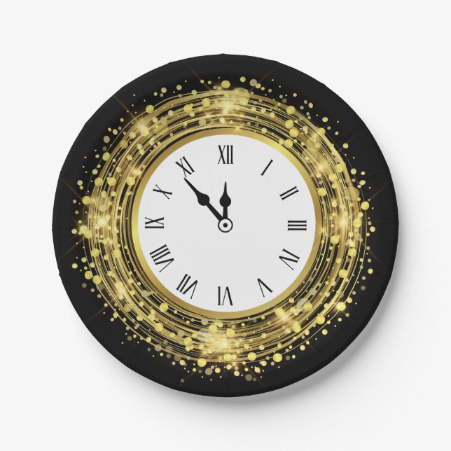 New Year's Eve Clock Glitter Confetti Paper Plates (Front)