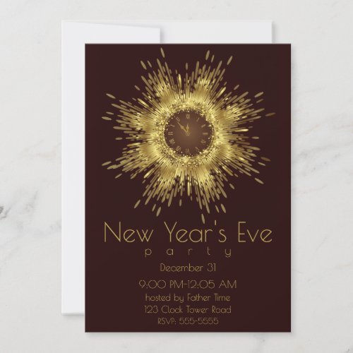 New Years Eve Clock Gold Glitter Burst Invitation