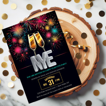 New Year's Eve Colorful Fireworks Champagne Invitation by SocialiteDesigns at Zazzle