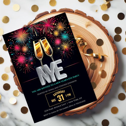 New Years Eve Colorful Fireworks Champagne Invitation