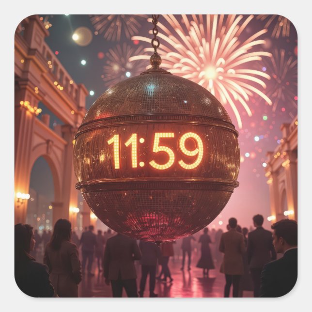 New Year's Eve Countdown Clock with Fireworks Square Sticker (Front)