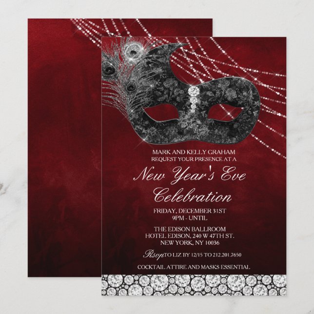 New Year's Eve Diamond Lace Mask Invitation (Front/Back)
