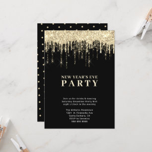 New Years Eve Elegant Black Gold Glitter Drips Invitation