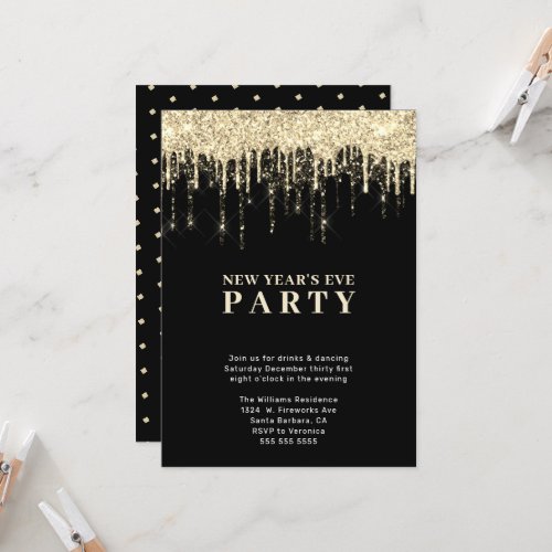 New Years Eve Elegant Black Gold Glitter Drips  Invitation