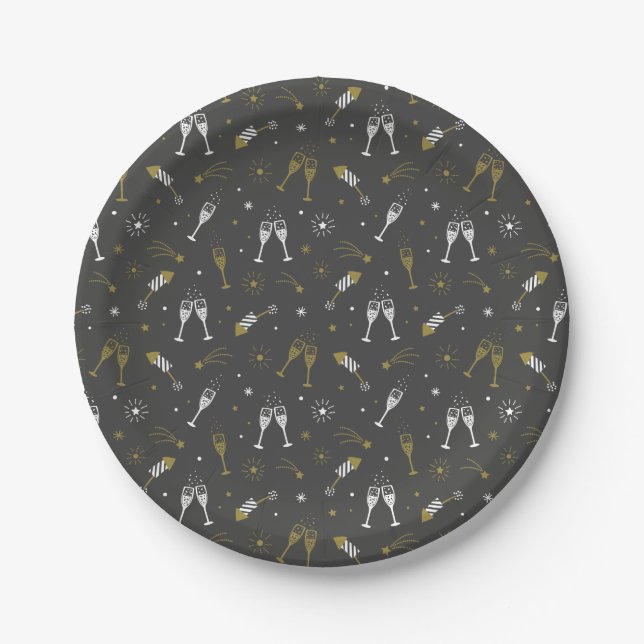 New Year's Eve Fireworks and Champagne glasses Paper Plates (Front)