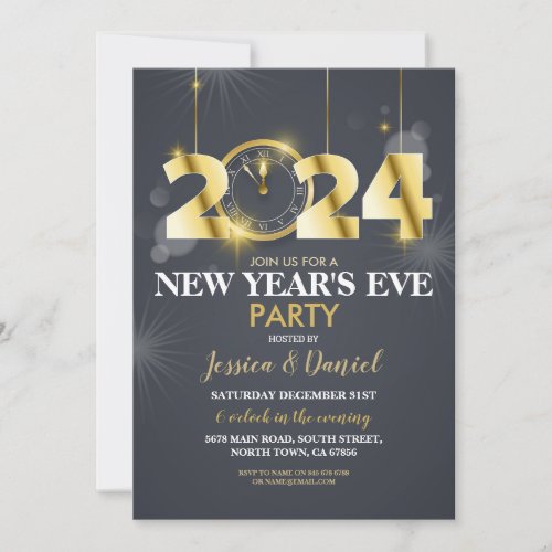 New Years Eve Gold 2024 Gold Clock Invitation