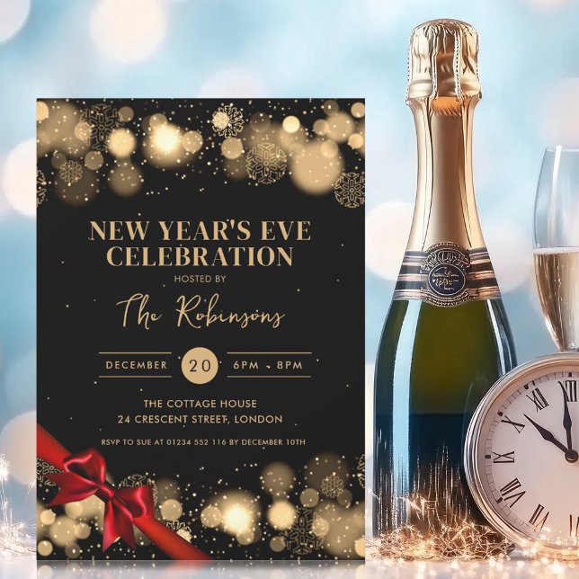 New Years Eve Gold Black Winter Wonder Red Bow Invitation (New Years Eve Gold Black Winter Wonder Red Bow Invitation)