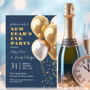 New Years Eve Gold Confetti Balloons Navy  Invitation
