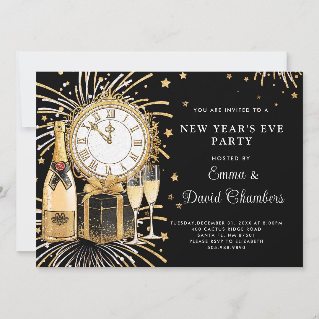 New Year's Eve Gold Glitter On Black Invitation | Zazzle