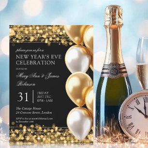 New Years Eve Gold Shimmering Lights Balloons Invitation