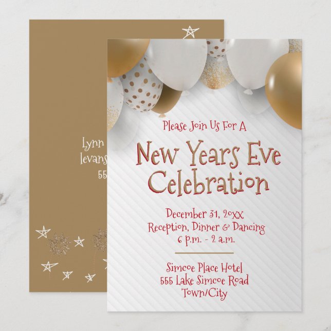 New Years Eve, Gold & White Party Invitation (Front/Back)