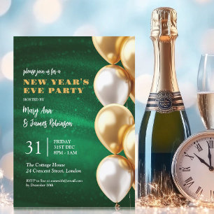 New Years Eve Green Gold Shimmer Sequin Balloons Invitation