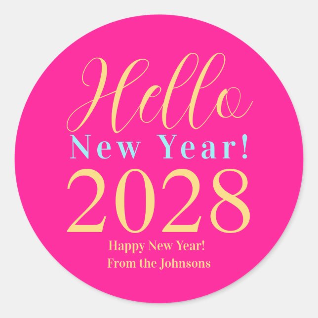 New Year's Eve Happy New Year Hot Pink Classic Round Sticker (Front)